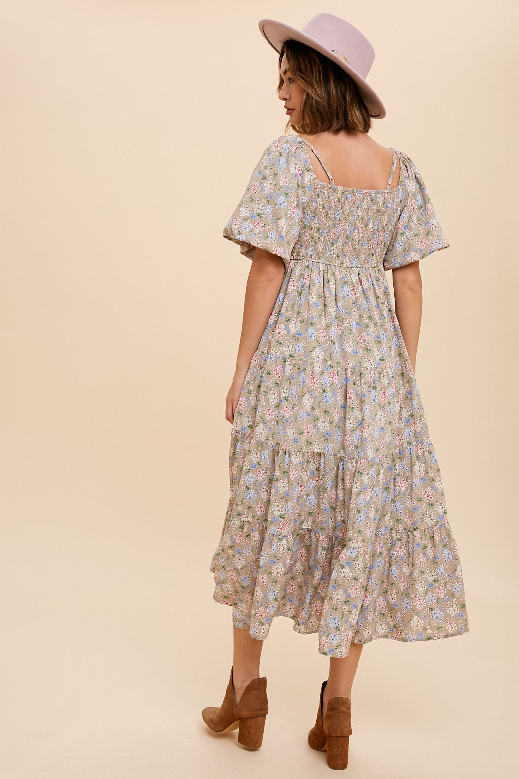 Beige Floral Ruched Strappy V-Neck Puff Sleeve Midi Dress for Women - Elegant Summer Cocktail Party & Wedding Guest Outfit