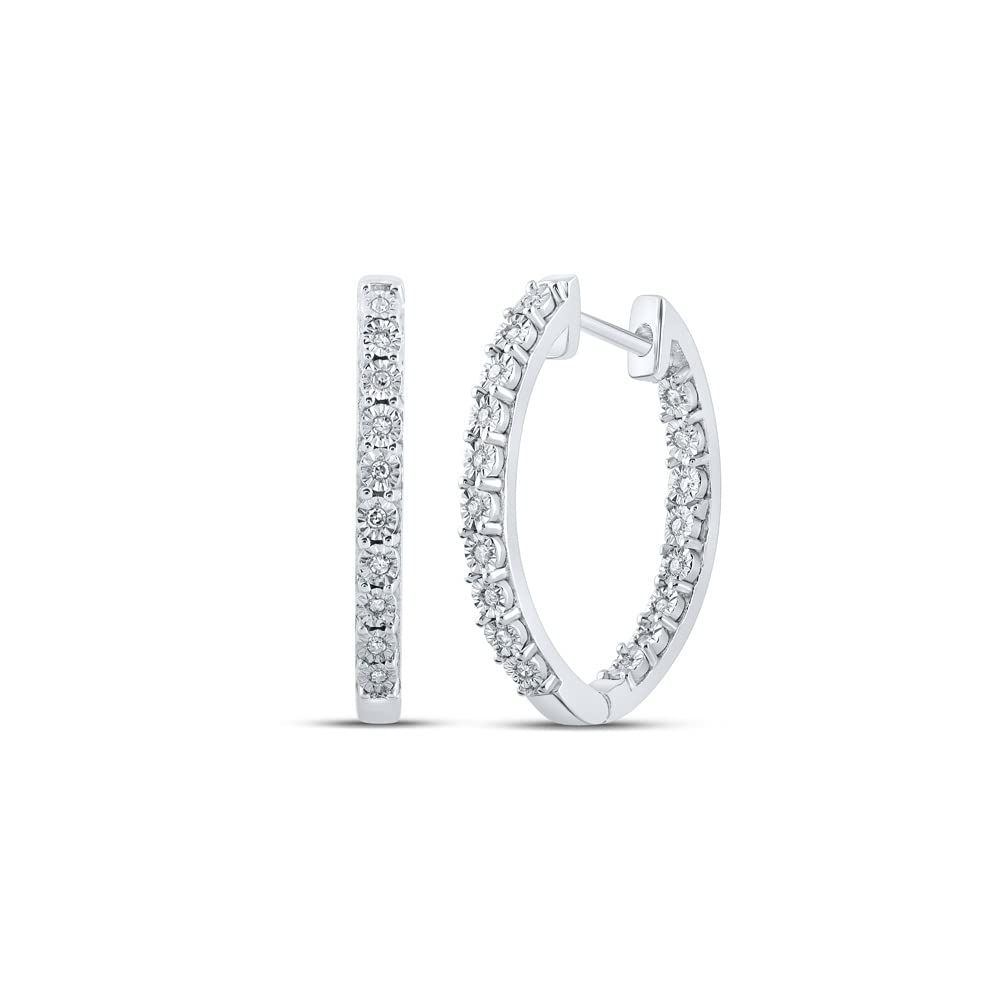 Sterling Silver Women's Round Diamond Inside Outside Hoop Earrings 1/10 CTTW - Elegant Everyday Jewelry for Work & Special Occasions