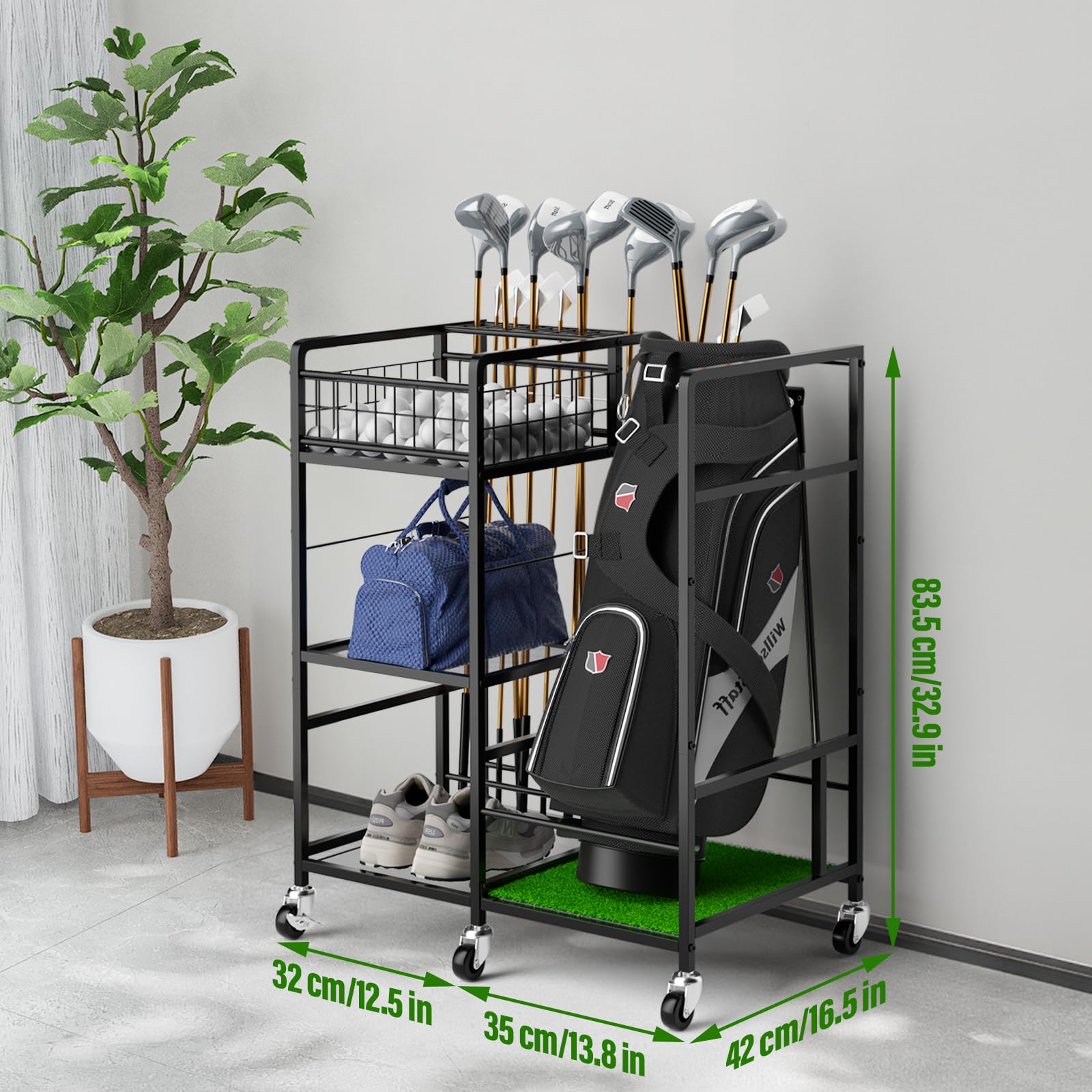 Premium Golf Bag Organizer - Heavy Duty Metal Golf Club Holder with Side Storage Pockets | Freestanding Golf Stand for Clubs & Accessories | Perfect for Home, Garage & Golf Course Organization