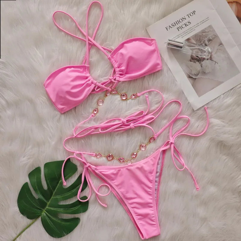 2024 Sexy Rhinestone Bandage Push Up Bikini Set - Women's Brazilian Halter Two Piece Swimsuit for Beach, Pool Party & Summer Vacation