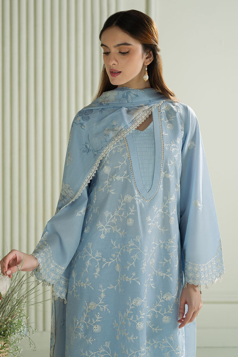 LAVENDER BLUE 3-Piece Embroidered Lawn Suit Set for Women | Floral Summer Outfit | Perfect for Weddings, Parties & Casual Wear