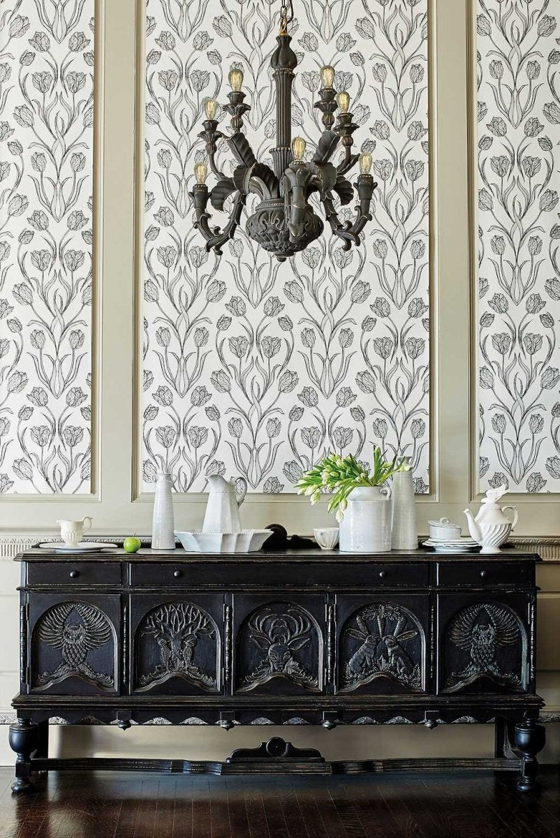 Hand Carved Black Wildlife Buffet Table - Solid Wood Menagerie Sideboard for Dining Room & Living Room Storage