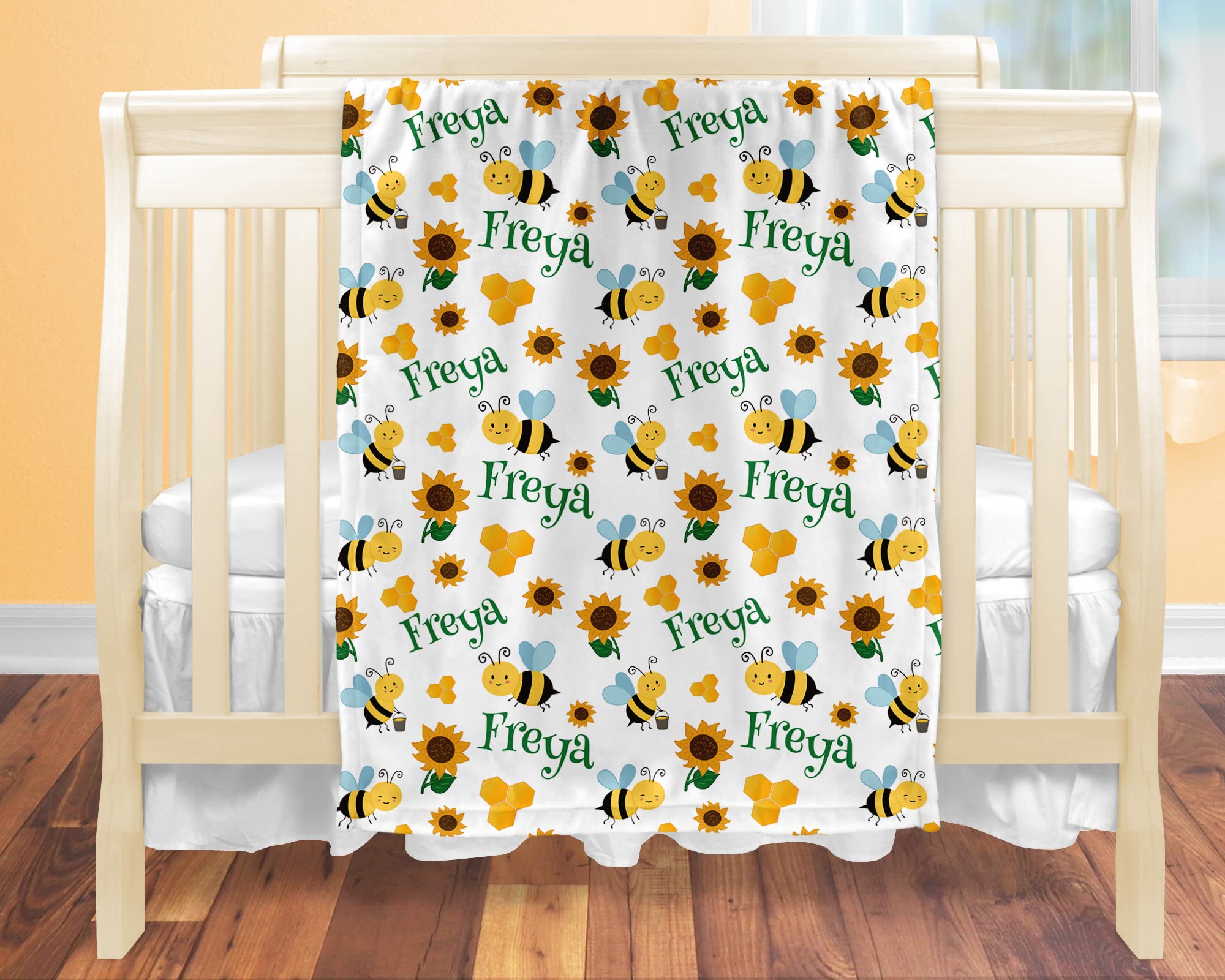 Personalized Baby Blankets for Boys & Girls - Custom Name Blankets with Bees Design - Perfect for Baby Shower, Birthday, Christmas Gifts - Newborn, Infant, Toddler & Kid Gift Idea - Great for Nursery, Travel & Snuggling