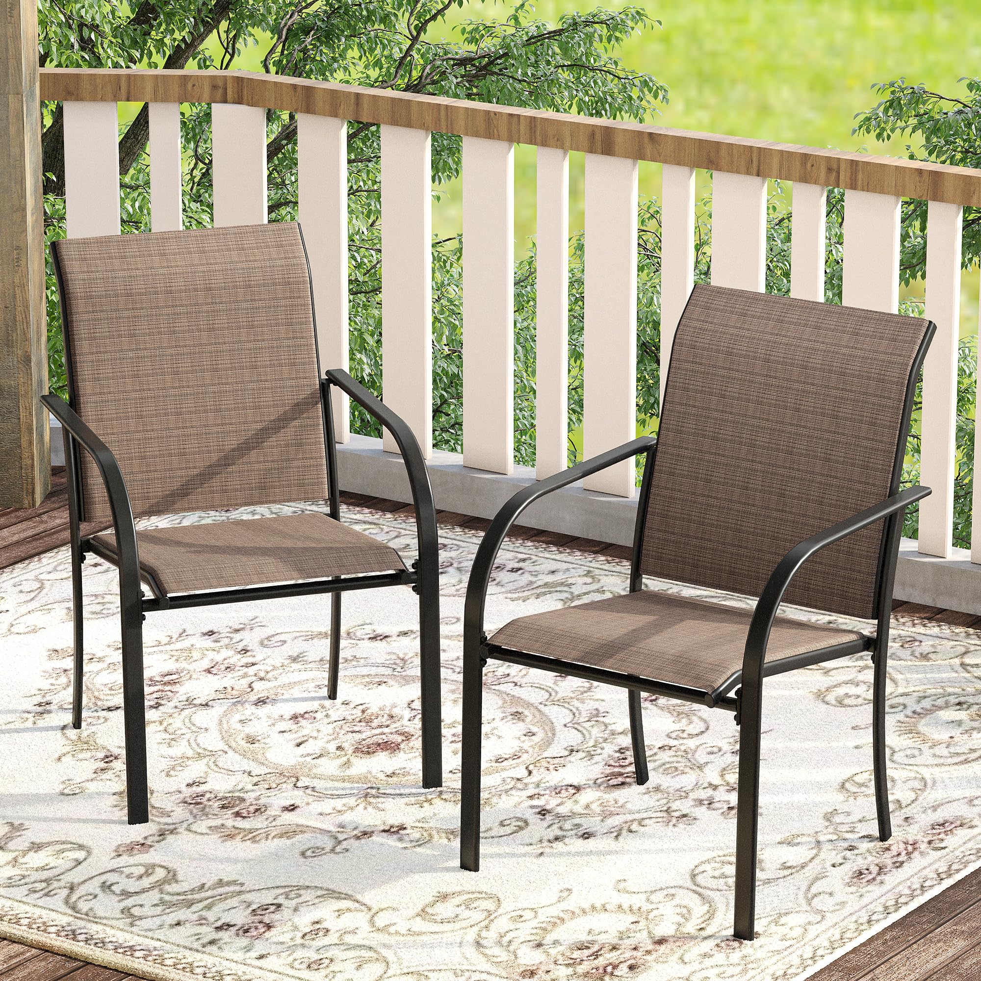 VICLLAX 3-Piece Outdoor Dining Set for 2 - Small Patio Table & 2 Stackable Sling Chairs - Walnut Table with Brown Chairs - Perfect for Backyard, Garden, Balcony or Small Outdoor Spaces