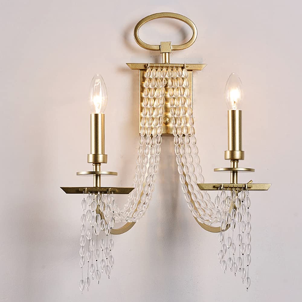 E14 2 Heads Crystal Wall Lamp - Wrought Iron Modern Sconce with High Light Transmittance & Golden Illumination for Living Room, Bedroom, Restaurant Decor