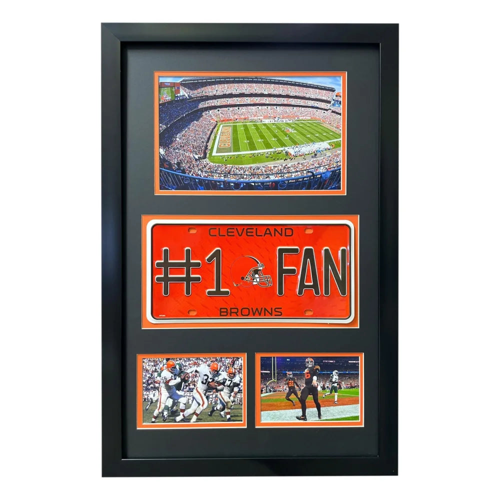 Cleveland Browns Fan License Plate Framed Collage Memorabilia - Baker Mayfield & Jim Brown Collectible - Perfect for Man Cave, Sports Bar, or Browns Fan Gift