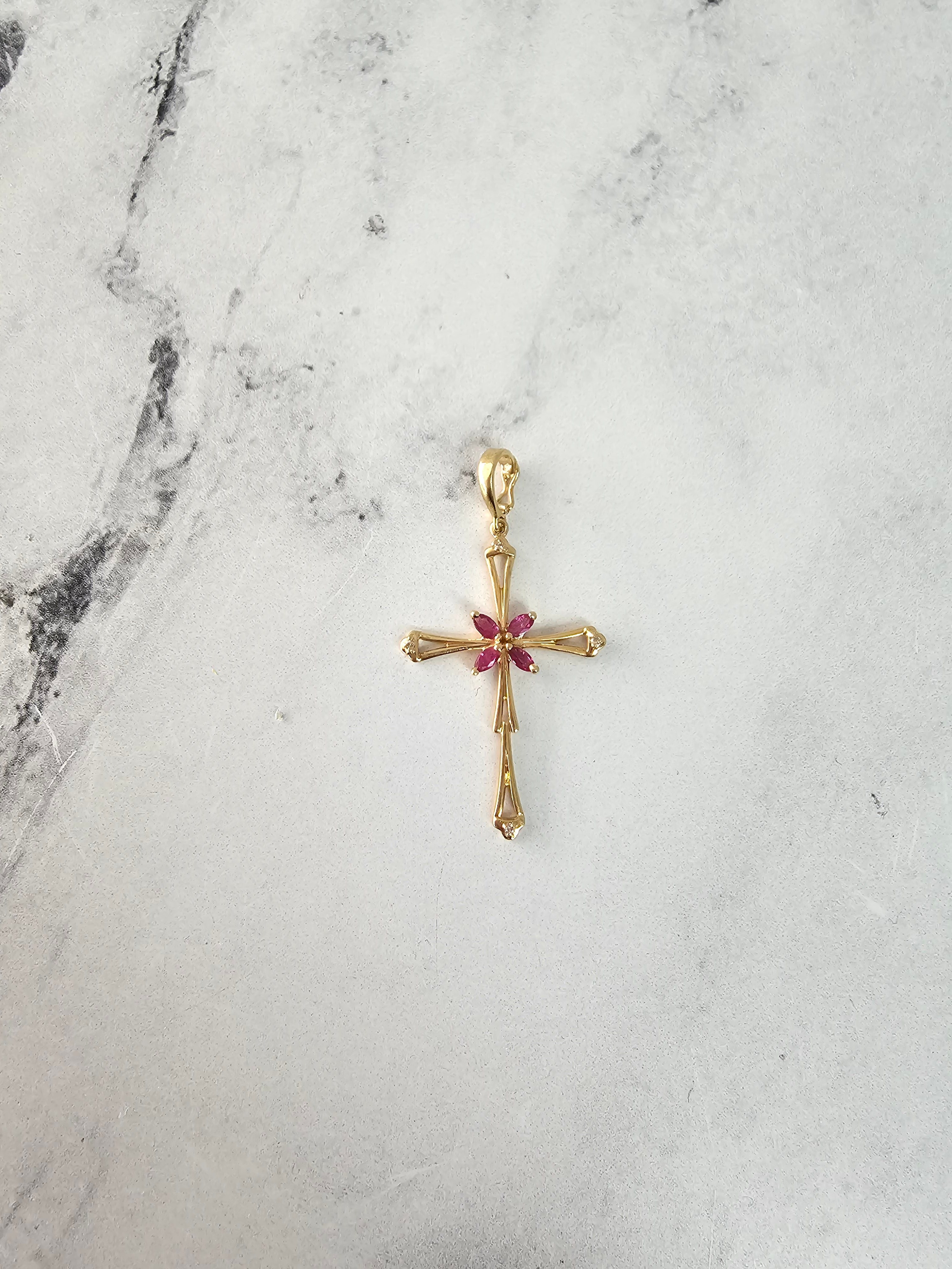 Vintage Marquise Ruby Cross Pendant with Diamond Accents in 14k Yellow Gold - Elegant Religious Jewelry for Women, Perfect for Gifts, Weddings & Special Occasions