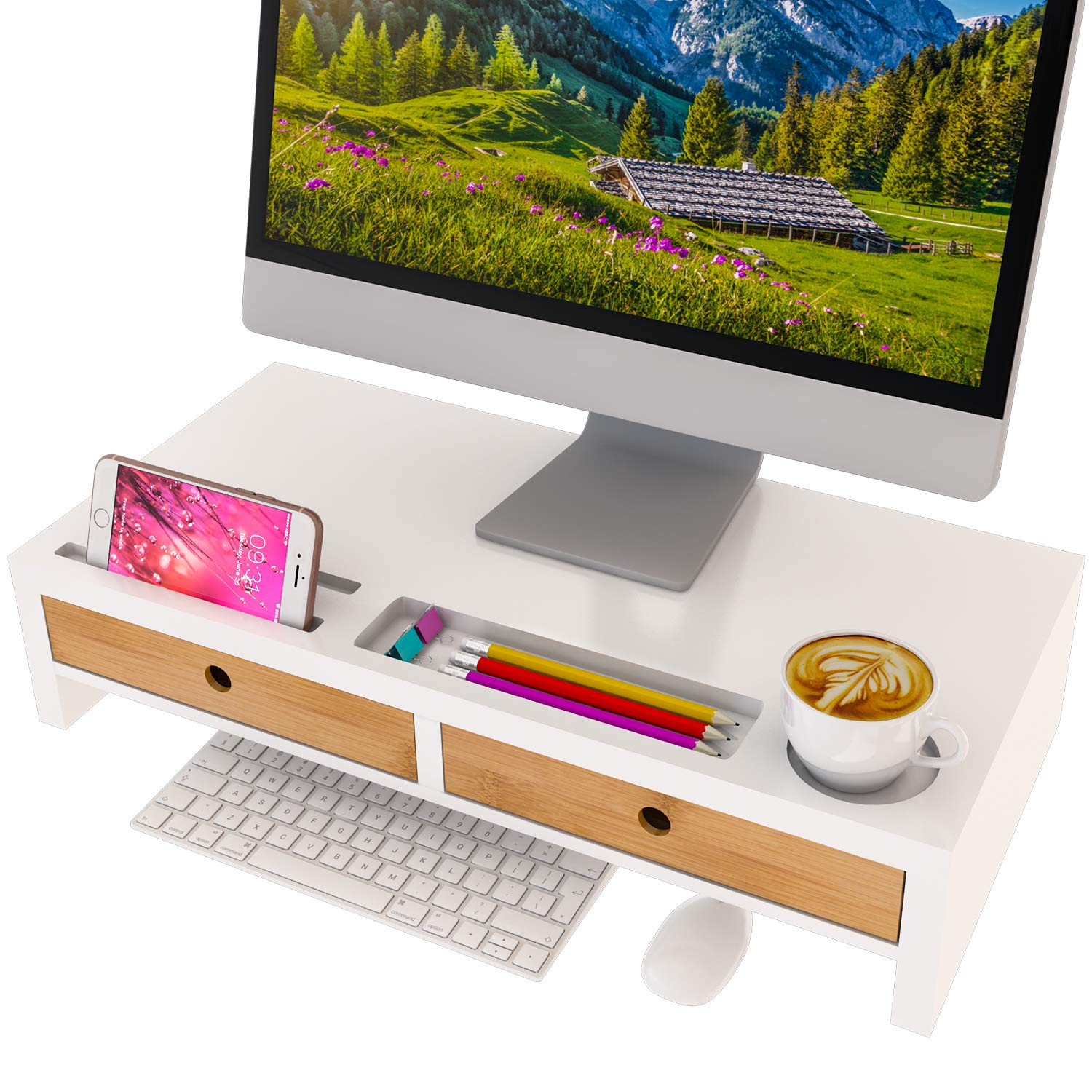 White Wood Monitor Stand with Storage Drawers - 22.05
