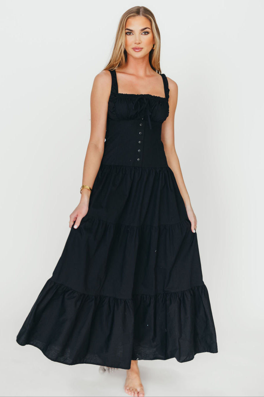 Sutton Corset Button Down Tiered Maxi Dress for Women - Elegant Black Long Dress with Flowy Skirt | Perfect for Weddings, Parties & Special Occasions