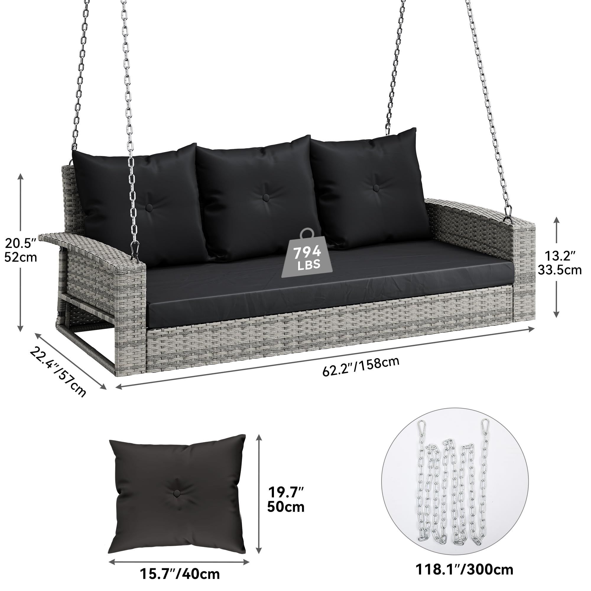 YITAHOME 3-Seat Wicker Hanging Porch Swing Chair - Outdoor Gray Rattan Patio Swing with 3 Back Cushions (Black Cushion) - Perfect for Garden, Balcony, Deck & Backyard Relaxation