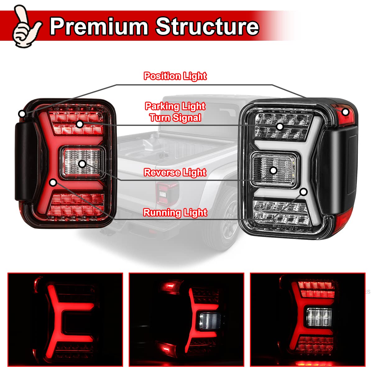 **Nixon Offroad LED Tail Lights for Jeep Gladiator JT (2018-2025) - Sequential Turn Signal, Glossy Black Housing with Clear Lens - 1 Pair Replacement Rear Lamps Assembly | Off-Road & Daily Driving**