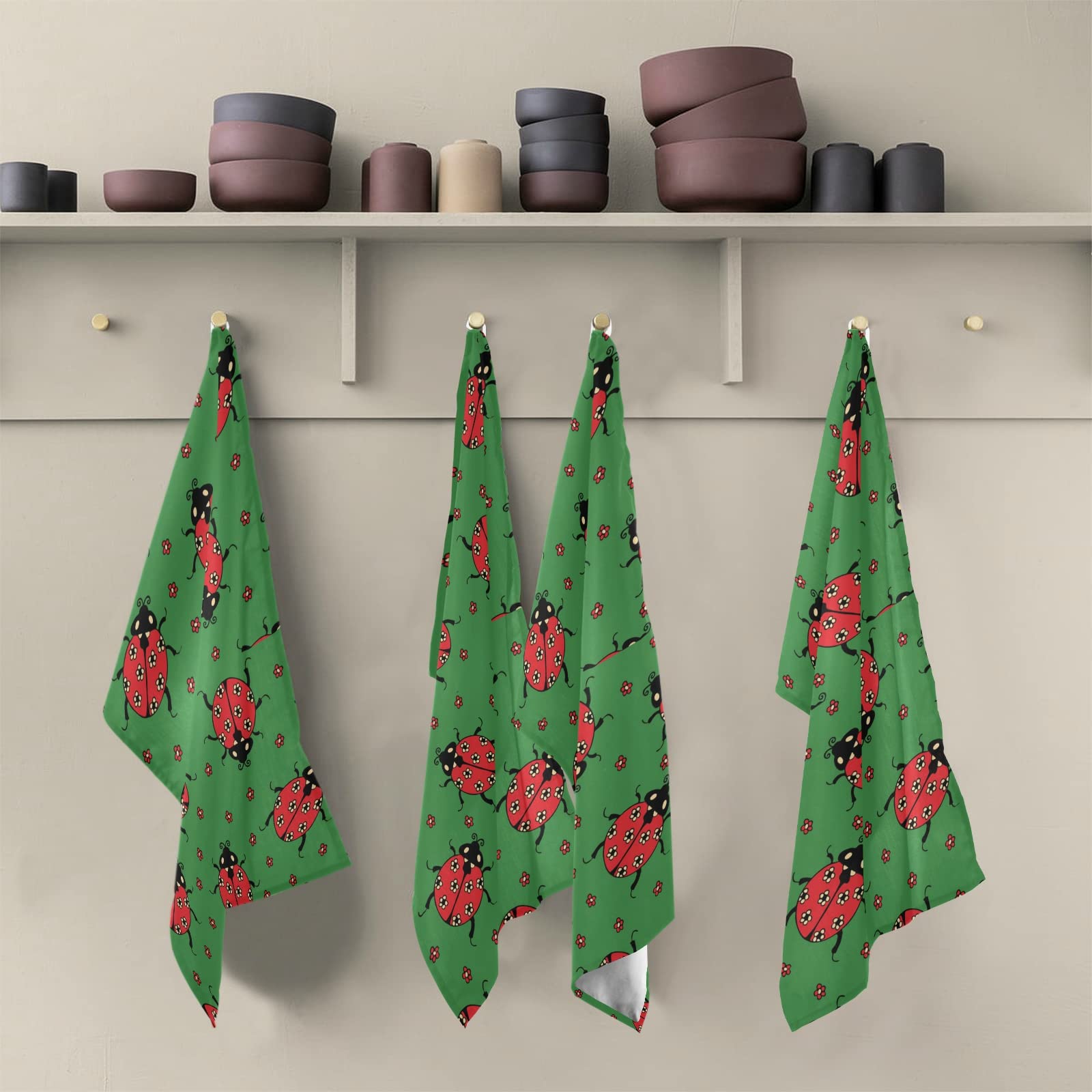 Seamless Red Ladybugs with Flowers on Green Kitchen Dish Towels - Set of 4 Polyester Terry Cloth Dishcloths, Hand & Bar Tea Towels with Hanging Loop - Perfect for Kitchen Cleaning, Drying Dishes & Decor