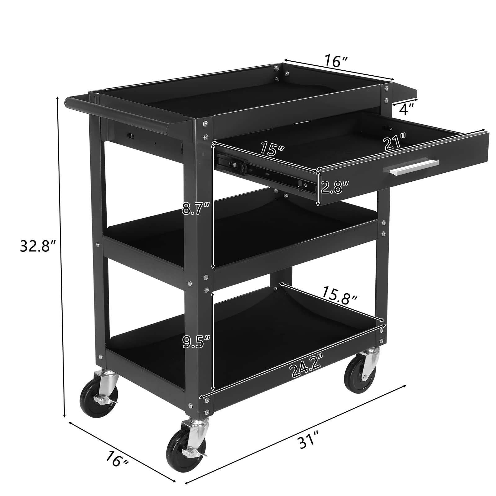 TUFFIOM 3-Tier Heavy Duty Rolling Tool Cart with Drawer & Wheels - 330 LBS Capacity Industrial Utility Cart with 2 Brakes - Perfect Tool Organizer for Mechanics, Garage, Warehouse & Repair Shop - Ideal for Automotive, DIY Projects & Workshop Organization