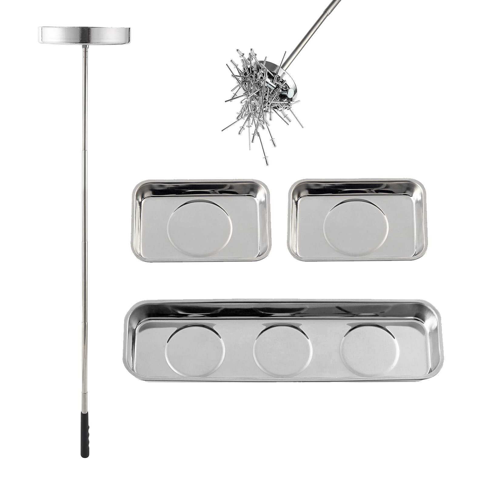 4-Piece Magnetic Pickup Tool Set - Telescoping Magnetic Sweeper with 3 Magnetic Trays for Garage, Workshop & DIY Projects | Strong Neodymium Magnets for Hardware, Nails & Metal Parts Retrieval