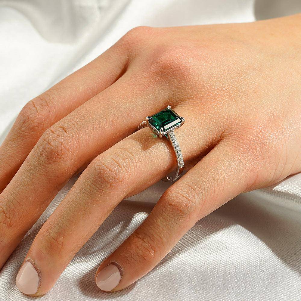 3 CT. Lab Grown Emerald Engagement Ring with Side Stones & Hidden Halo - Perfect for Proposals, Anniversaries & Special Occasions