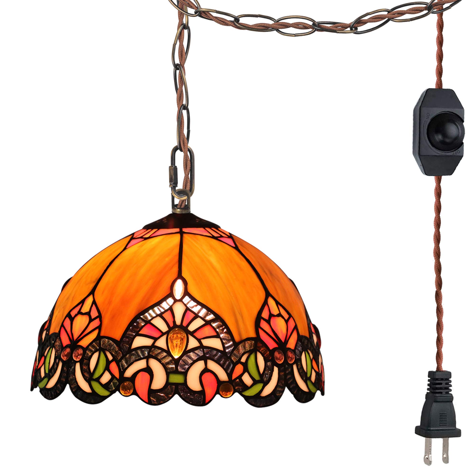 Portable Tiffany Style Hanging Swag Lamp - No Wiring Needed, 15ft Plug-in UL Certified Dimmer Cord, Stained Glass Baroque Chandelier - Perfect for Bedroom, Living Room & Dining Room Decor