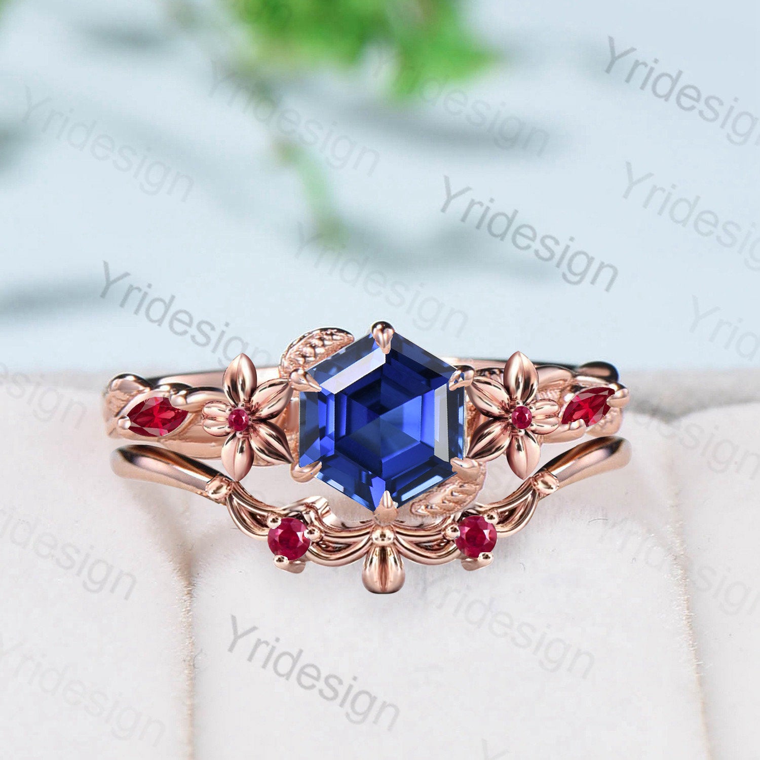 Hexagon Cut Sapphire Engagement Ring Set for Women - Nature Inspired Leaf & Flower Design with Ruby Accents - Perfect for Weddings, Anniversaries, and Special Occasions