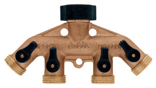 Orbit 3 Pack 4 Port Brass Water Hose Faucet Manifold Splitter with Shut Off Valves 62010N - Perfect for Garden Irrigation, Lawn Sprinkler Systems & Outdoor Watering