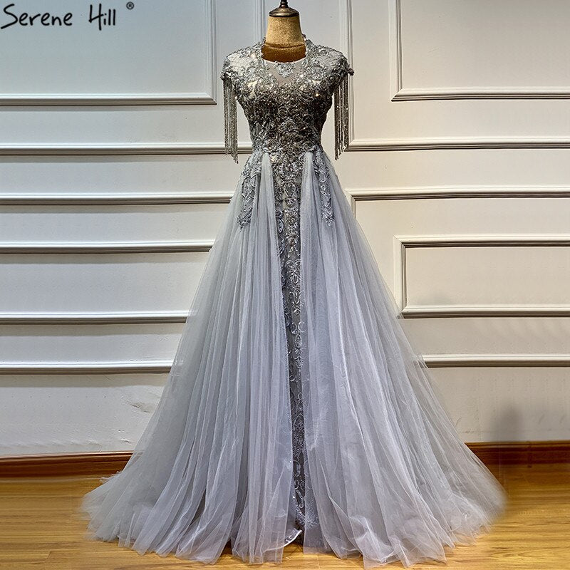 Elegant Grey Luxury Mermaid Evening Gown with Train & Cap Sleeves Beading for Women - Perfect for Prom, Gala & Formal Parties 2025