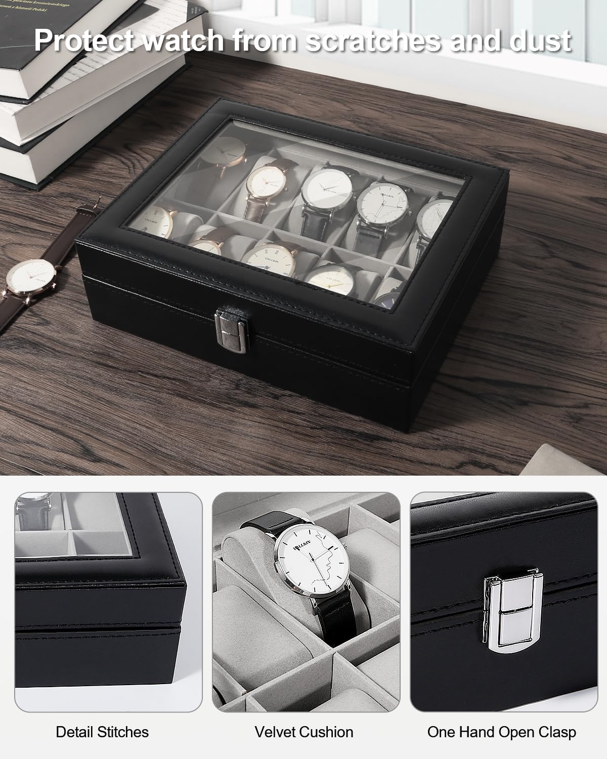 10-Slot Uten Watch Box for Men - PU Leather Watch Display Case with Removable Cushion & Metal Clasp - Luxury Watch Storage Organizer for Travel, Home, and Gift Giving