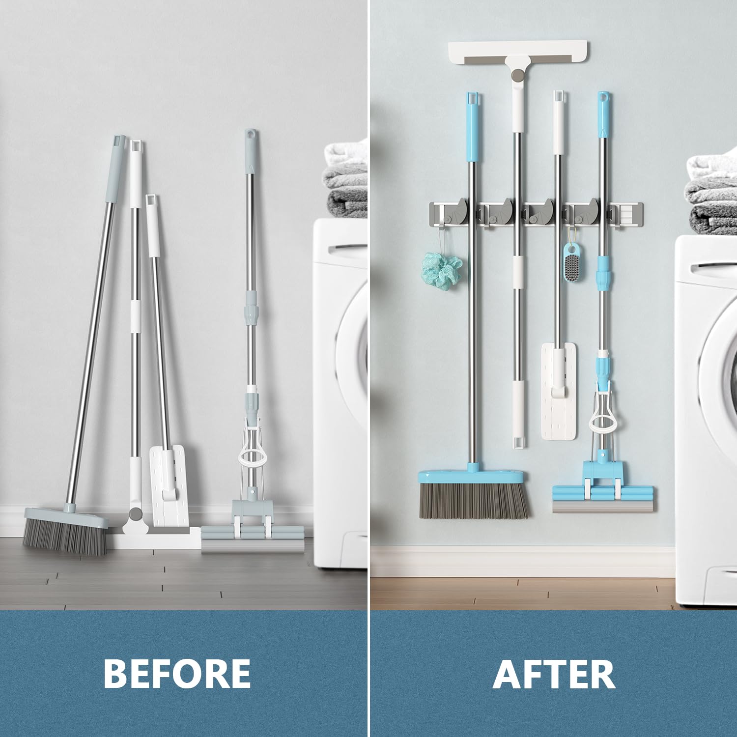 Holikme 4-Position Wall Mount Mop Broom Holder - Metal Pantry Organizer with 4 Hooks for Kitchen, Garden & Home Storage (Silver) - Perfect for Organizing Cleaning Tools in Laundry Rooms, Garages & Utility Closets