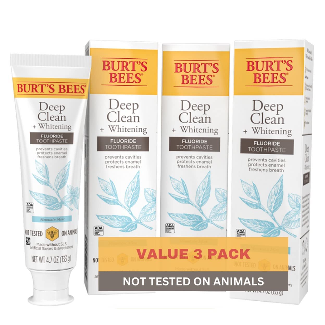 Burt's Bees Natural Fluoride Toothpaste for Deep Clean & Whitening - Mountain Mint Flavor, 4.7 oz (Pack of 3) | Fresh Breath & Oral Care for Daily Use