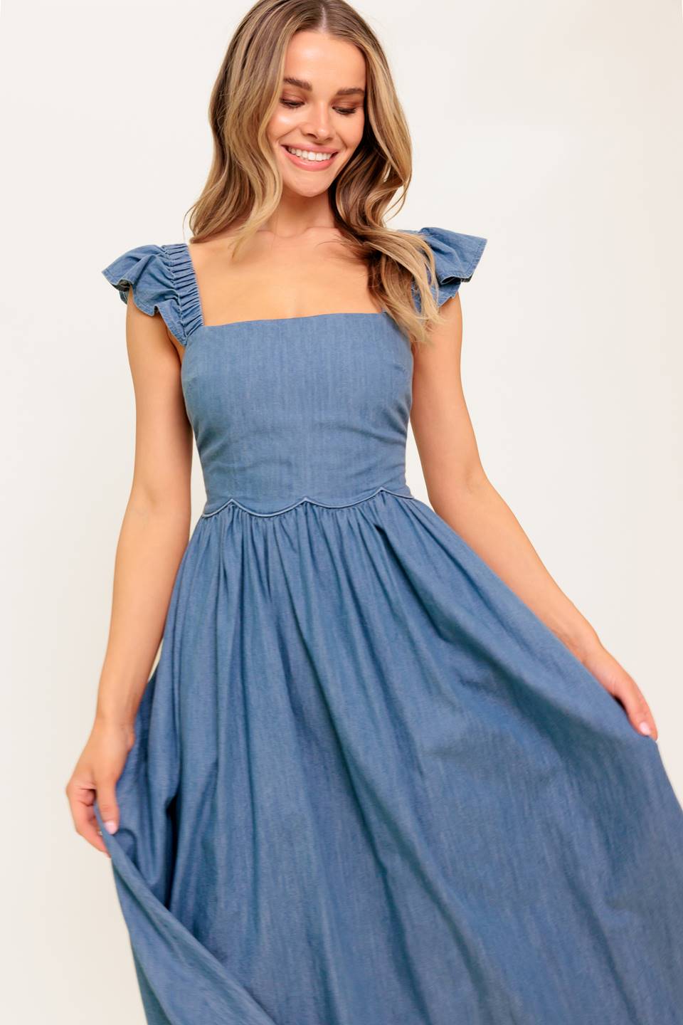 Stylish DRIFTWOOD PETAL CHAMBRAY MIDI DRESS for Women | Floral Print Summer Dress | Perfect for Beach Vacations, Date Nights & Casual Outings