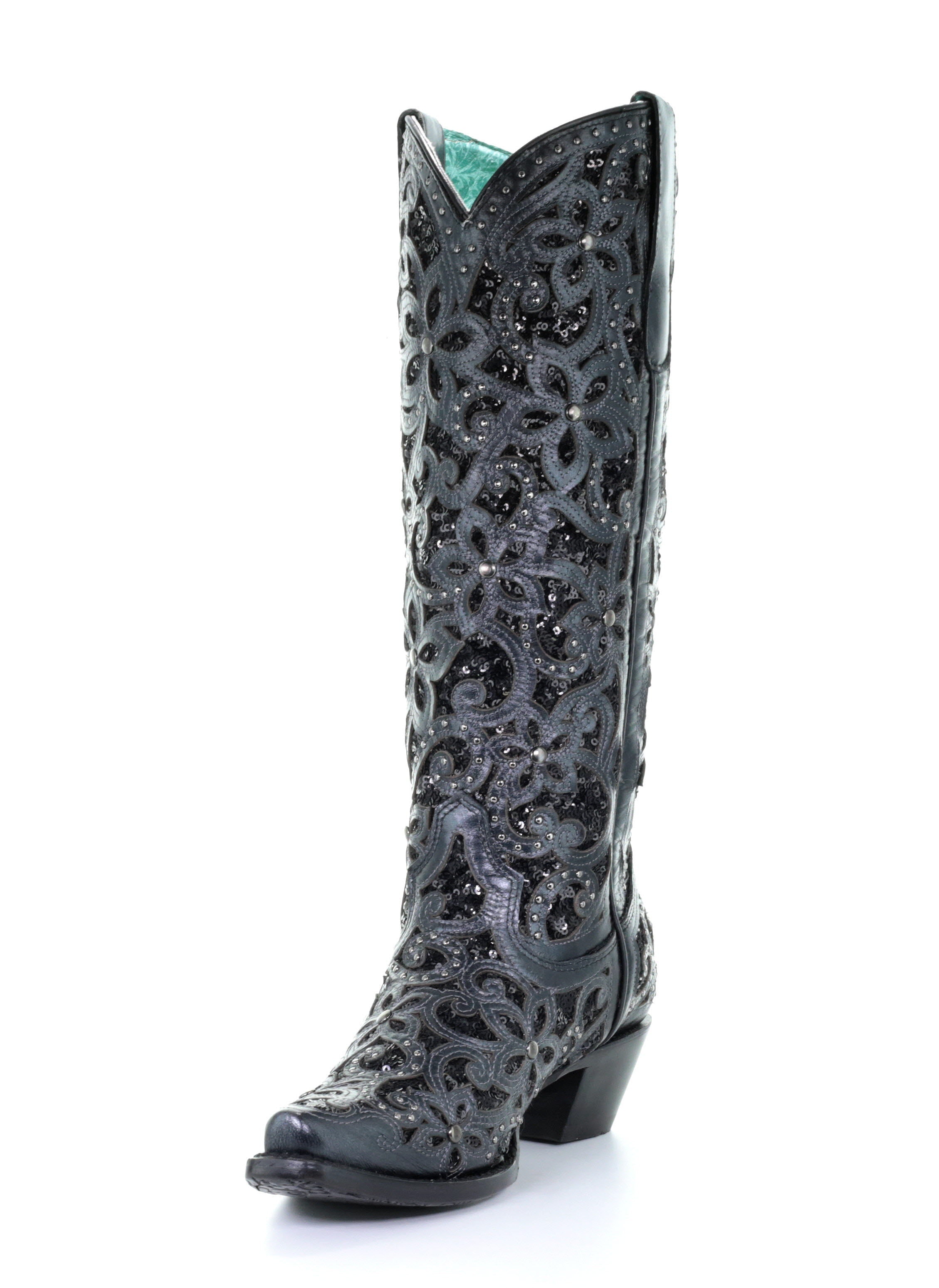 Women's Black Western Cowgirl Knee High Boots with Leather & Sequins - Perfect for Rodeo, Country Dancing & Cowgirl Fashion