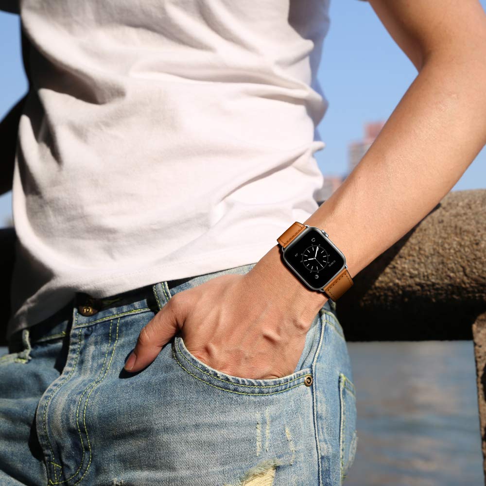 KYISGOS Genuine Leather Apple Watch Band - Compatible with iWatch Series 10/9/8/7/6/5/4/3/2/1 & SE (42mm 41mm 40mm 38mm) - Brown/Silver Strap - Perfect for Workouts, Office & Everyday Wear