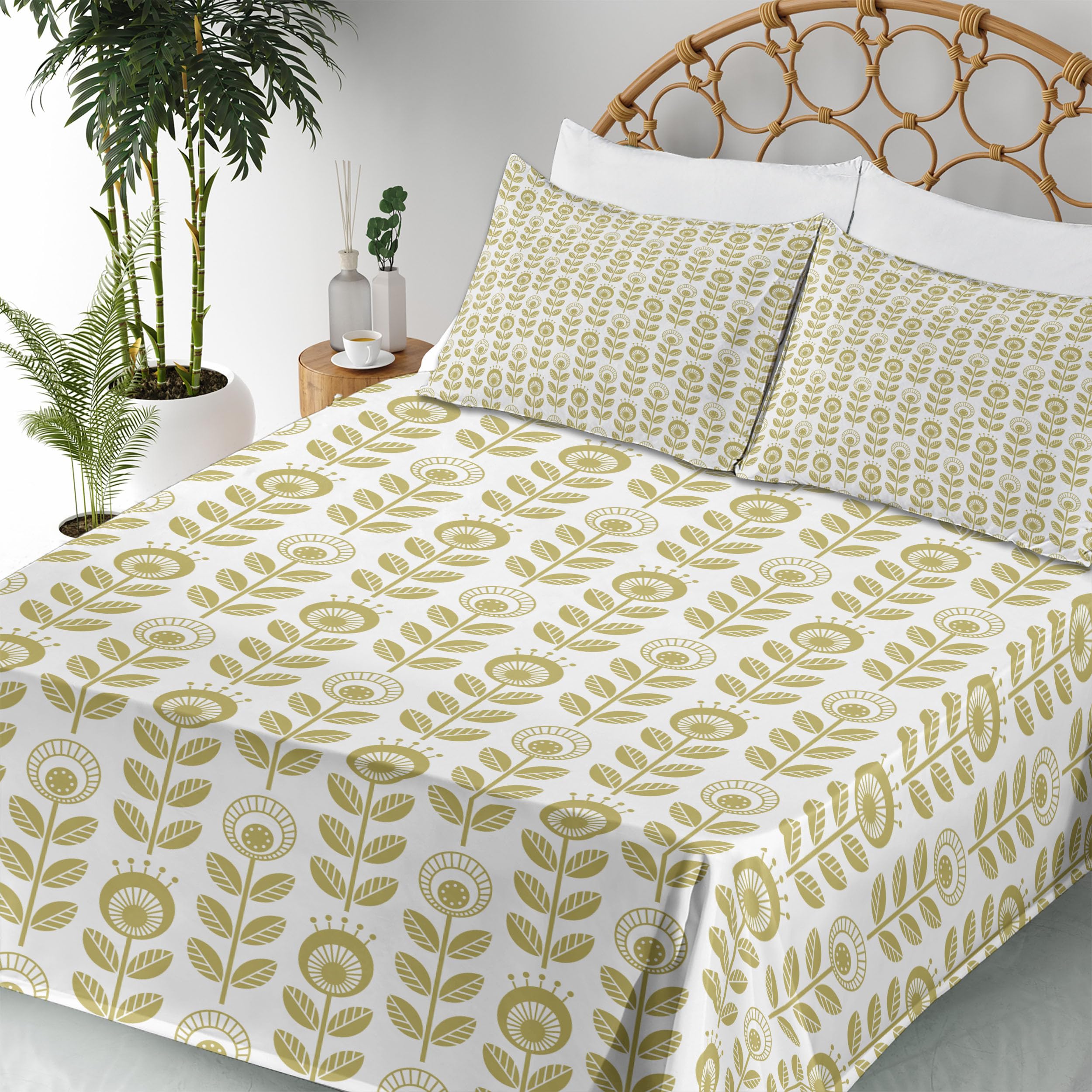 Ambesonne Floral King Sheet Set - 4 Piece Scandinavian Style Monochrome Flower Bedding with Fitted Sheet, Flat Sheet & Pillowcases - Khaki White - Perfect for Master Bedroom, Guest Room & Vacation Homes