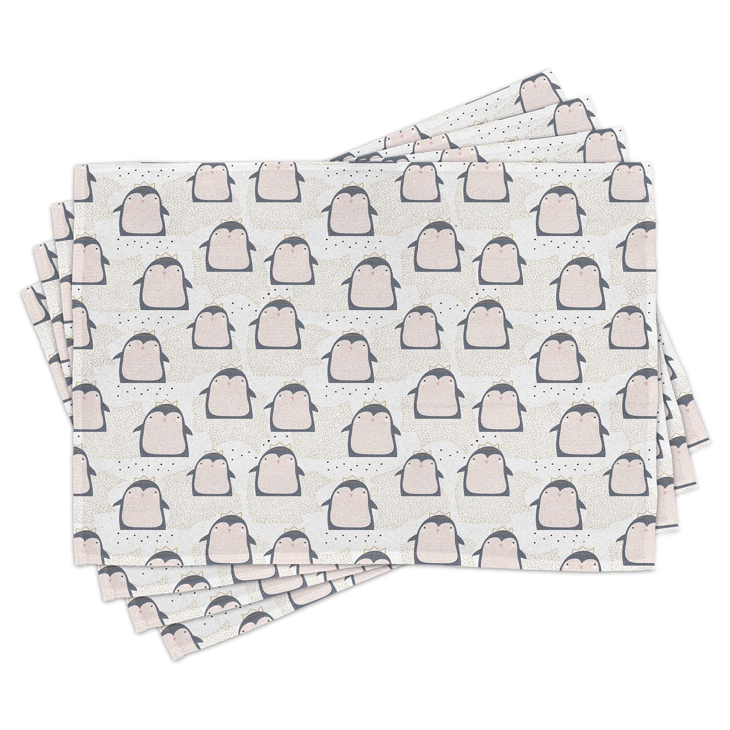 Ambesonne 4-Piece Penguin Place Mats Set - Pastel Cartoon Animal Design with Antarctica Crowns on Dotted Background, Washable Fabric Table Mats for Dining Room, Standard Size (Grey & Pink) - Perfect for Family Dinners, Holiday Decor, and Kids' Birthday Parties