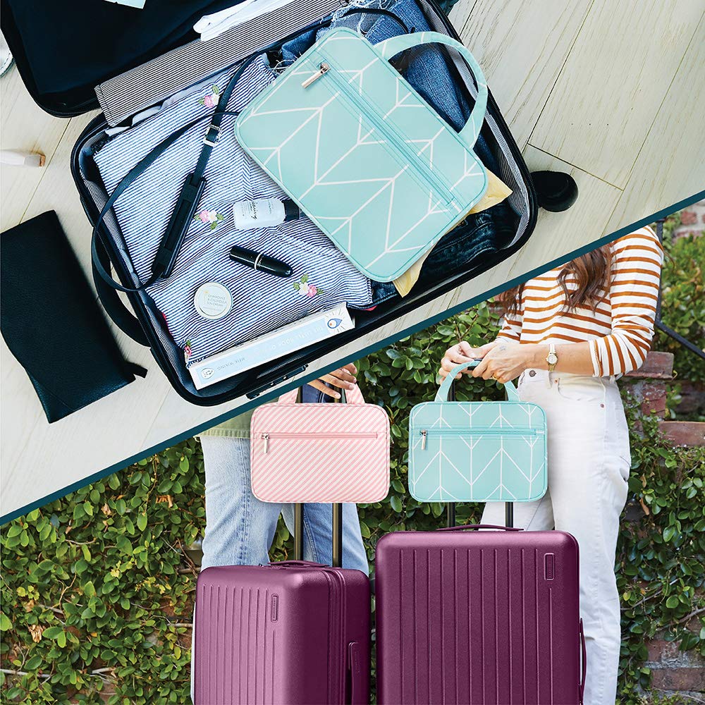 PAVILIA Hanging Travel Toiletry Bag for Women & Men - Foldable Water-Resistant Cosmetic Organizer, Roll-Up Makeup Bag with Large Capacity - Perfect for Camping, Gym, Business Trips & Vacation Essentials (Teal Chevron)