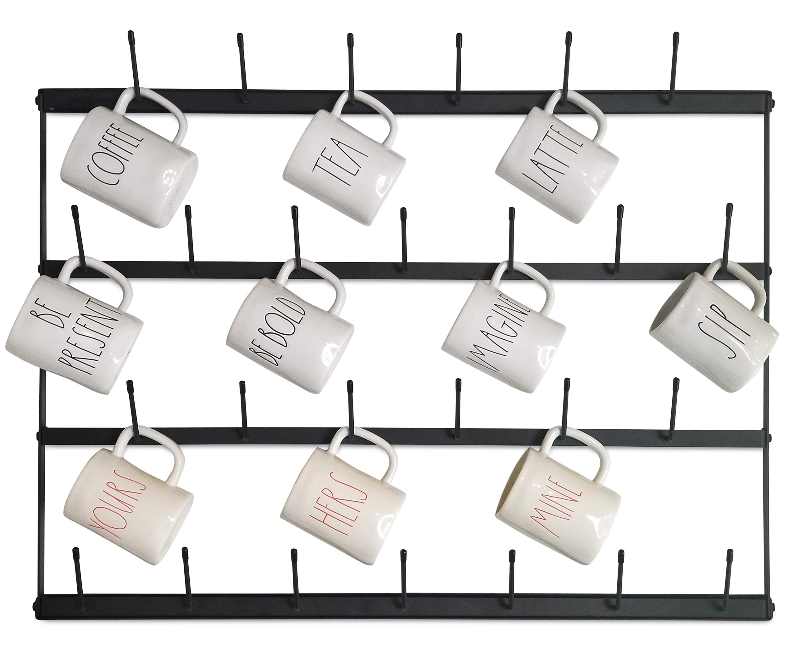 Horizontal Wall Mug Rack - Large Wall Mounted Storage Organizer for Coffee Mugs, Tea Cups & Mason Jars (34