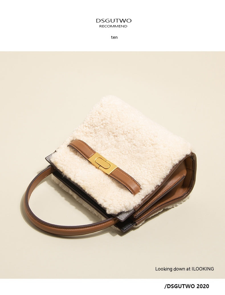 Genuine Leather Tote Bag with Lamb Wool Lining - Winter Shoulder Bag & Crossbody Purse for Women - Perfect for Work, Travel & Everyday Use