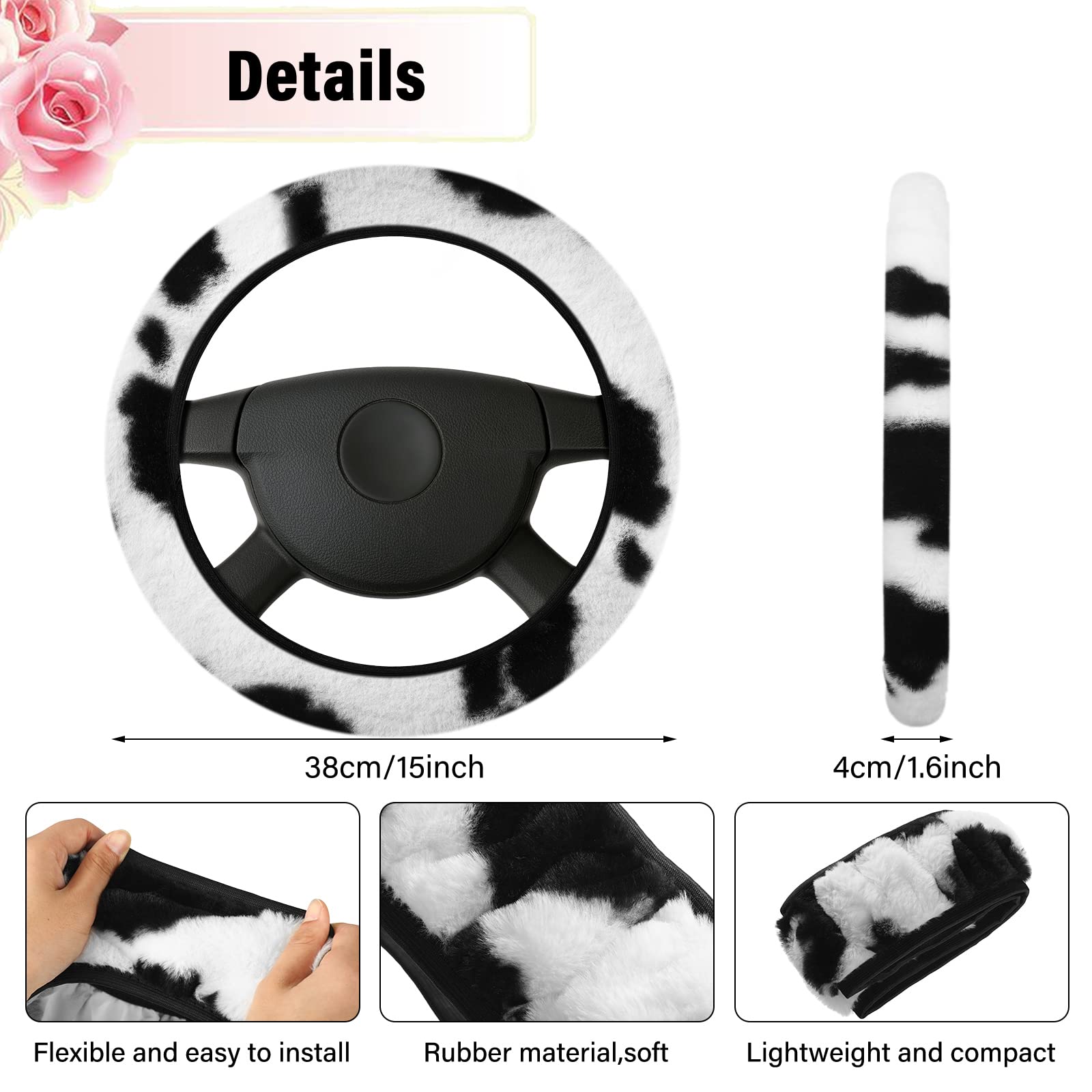 Plush Cow Print Car Seat Covers Set - Warm Winter Accessories for Christmas Decor