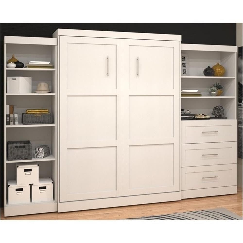 Pemberly Row Transitional Wood Queen Wall Bed with Storage in White - Space-Saving Murphy Bed for Small Apartments, Guest Rooms & Home Offices