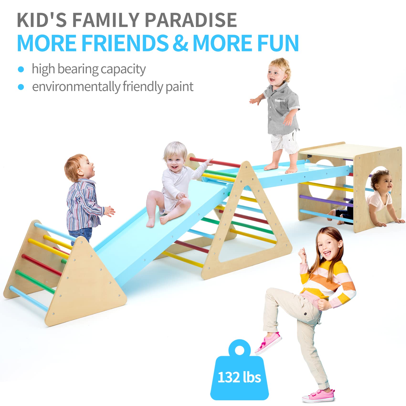 5-in-1 Wooden Triangle Climbing Set for Toddlers - Indoor Play Gym with 1 Square, 2 Triangle Climbers & 2 Ramps - Perfect for Climbing, Sliding & Walking - Ideal for Home Playrooms, Daycare Centers & Montessori Learning Environments