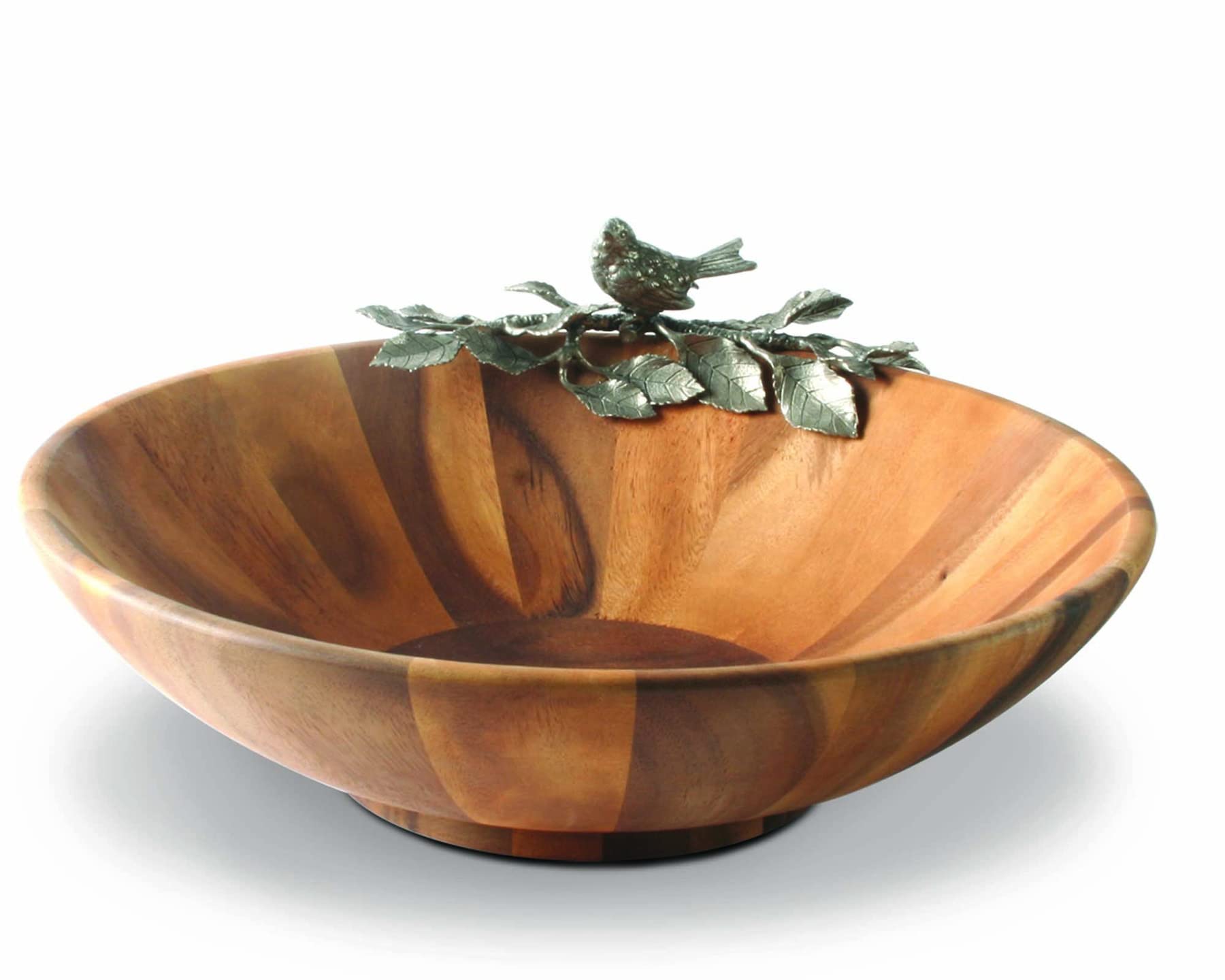 Vagabond House 16-inch Acacia Wood Large Salad Serving Bowl with Pewter Song Bird Design - Perfect for Family Dinners, Holiday Gatherings & Rustic Table Decor