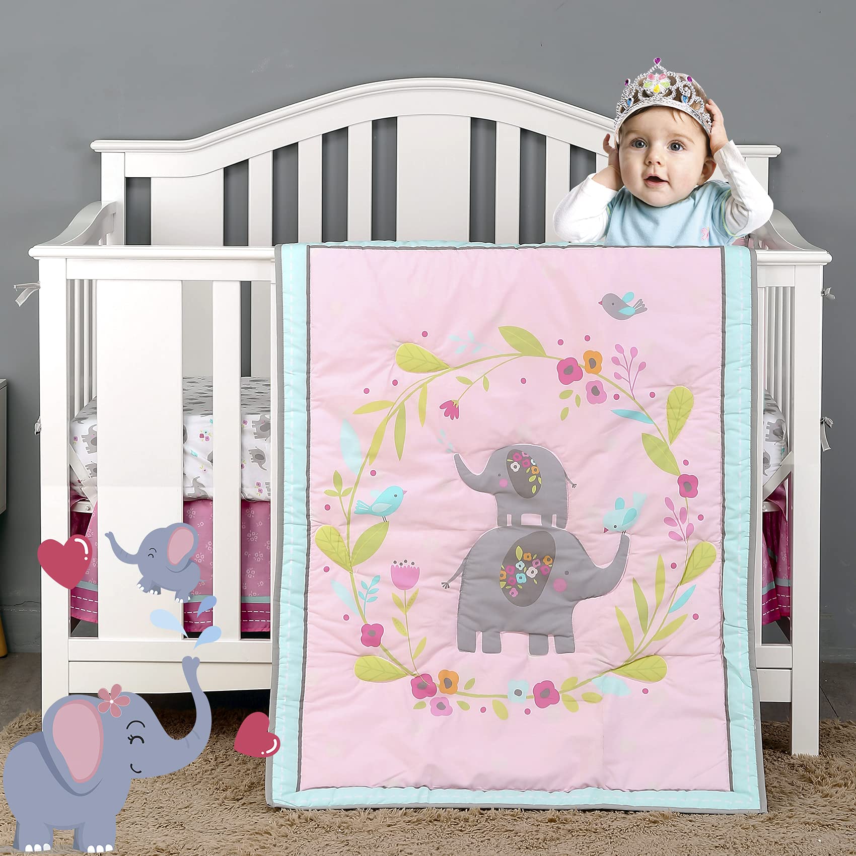 Brandream Pink Elephant Safari Baby Crib Bedding Set - 3 Piece Nursery Comforter with 3D Floral Elephant Design, Fitted Sheet & Crib Skirt | Soft Cotton for Girls' Room Decor & Newborn Gift