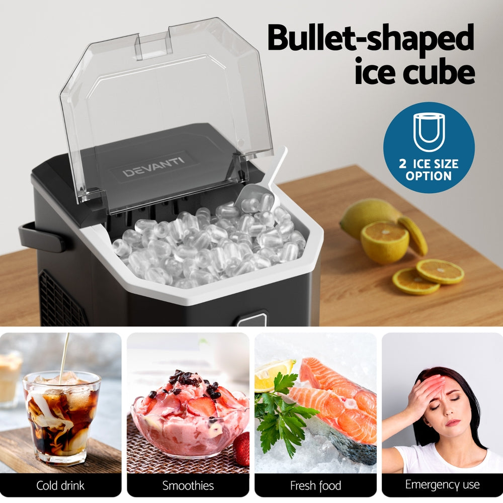 Devanti 12kg (26.5lb) Portable Ice Maker Machine with 1.3L Water Tank & Built-in Scoop Holder - Fast Ice Production for Home, Office, Party, RV & Outdoor Use - Black