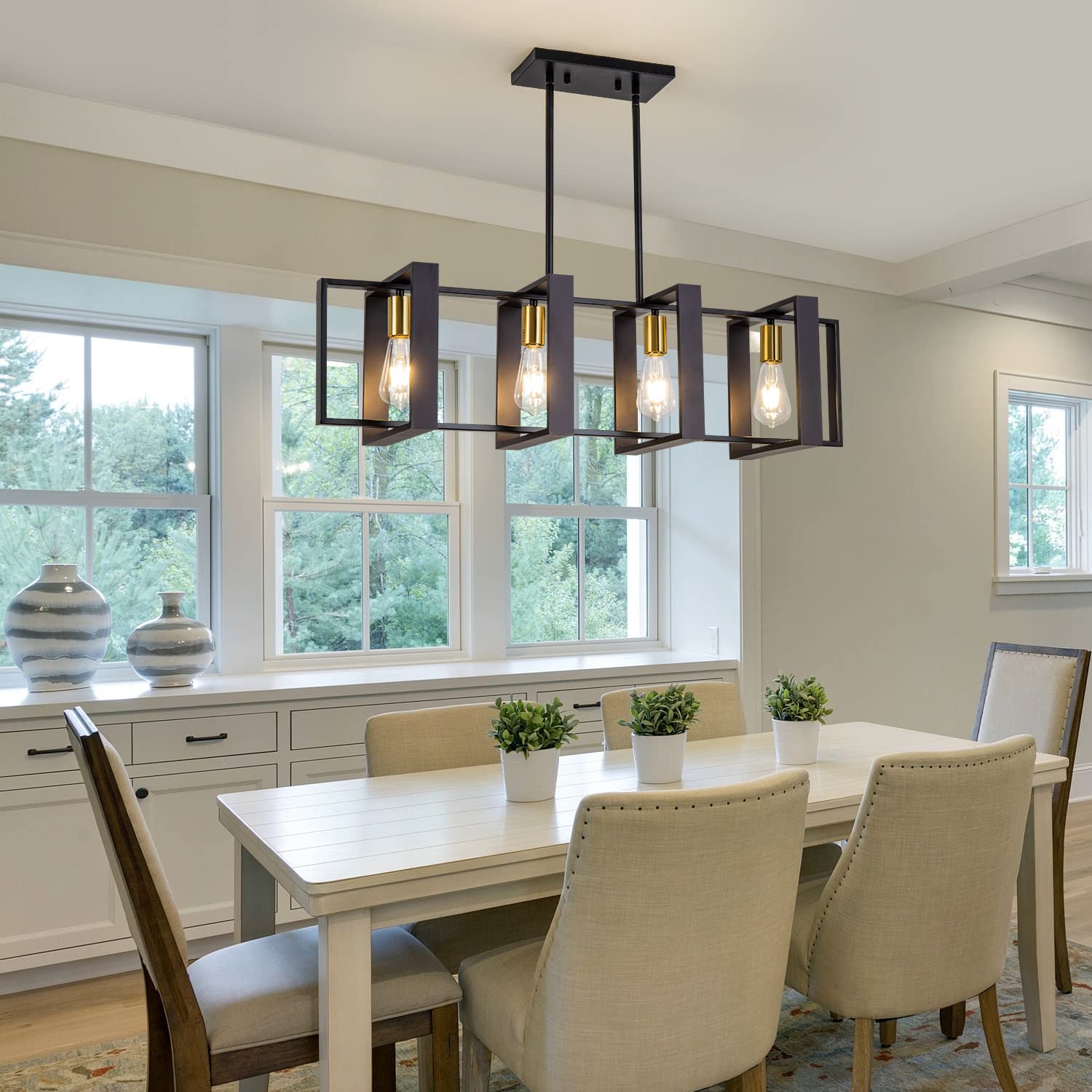 Farmhouse Kitchen Island Lighting - Black Wooden Chandelier with 4 Industrial Rectangle Lights for Dining Room Ceiling | Perfect for Rustic Home Decor, Restaurant Ambiance & Cozy Dining Spaces