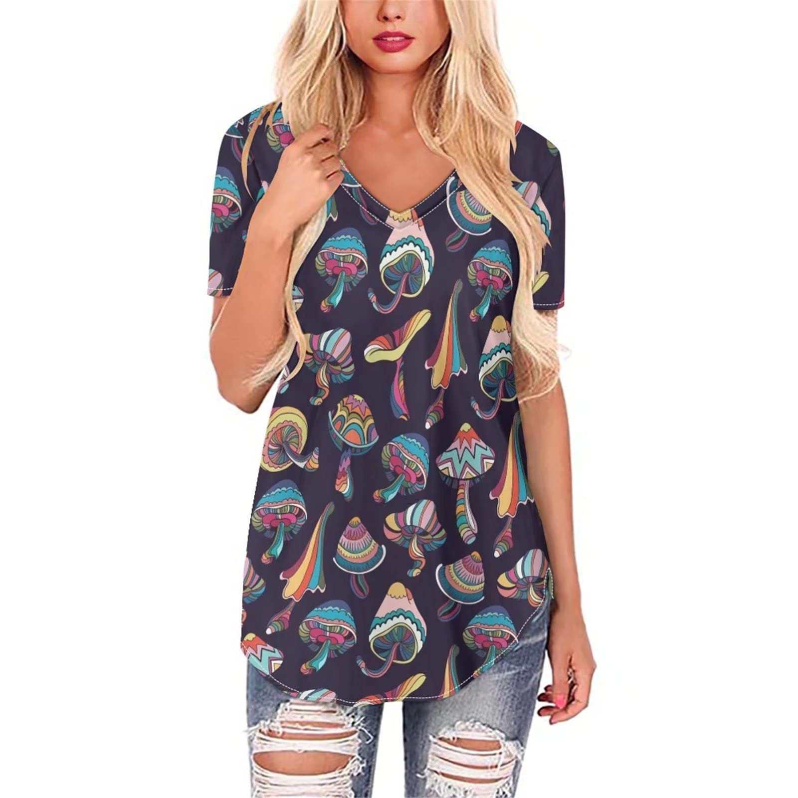 Xhuibop Women's V-Neck Short Sleeve Graphic Tee - Summer Casual T-Shirt for Women - Perfect for Beach Outings, Streetwear & Everyday Fashion