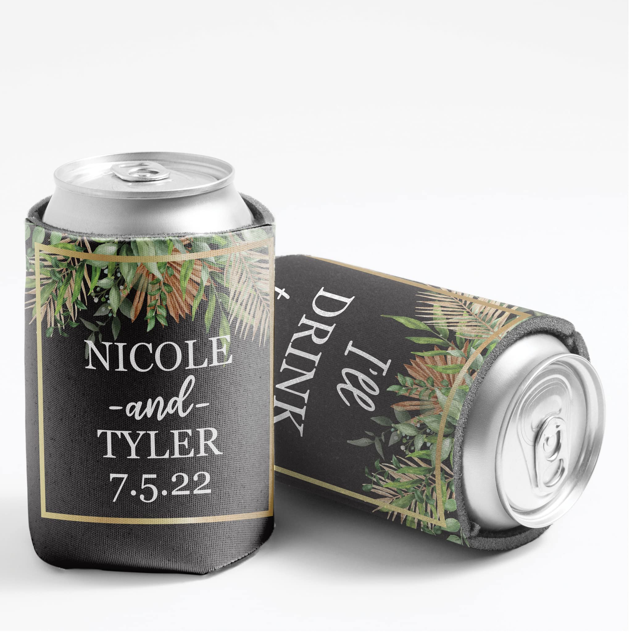 VictoryStore Bulk Custom Can Coolers - Black Boho Wedding Design, Standard Size Insulated Beer & Soda Can Holders (Set of 12) - Perfect for Parties, Weddings & Outdoor Events