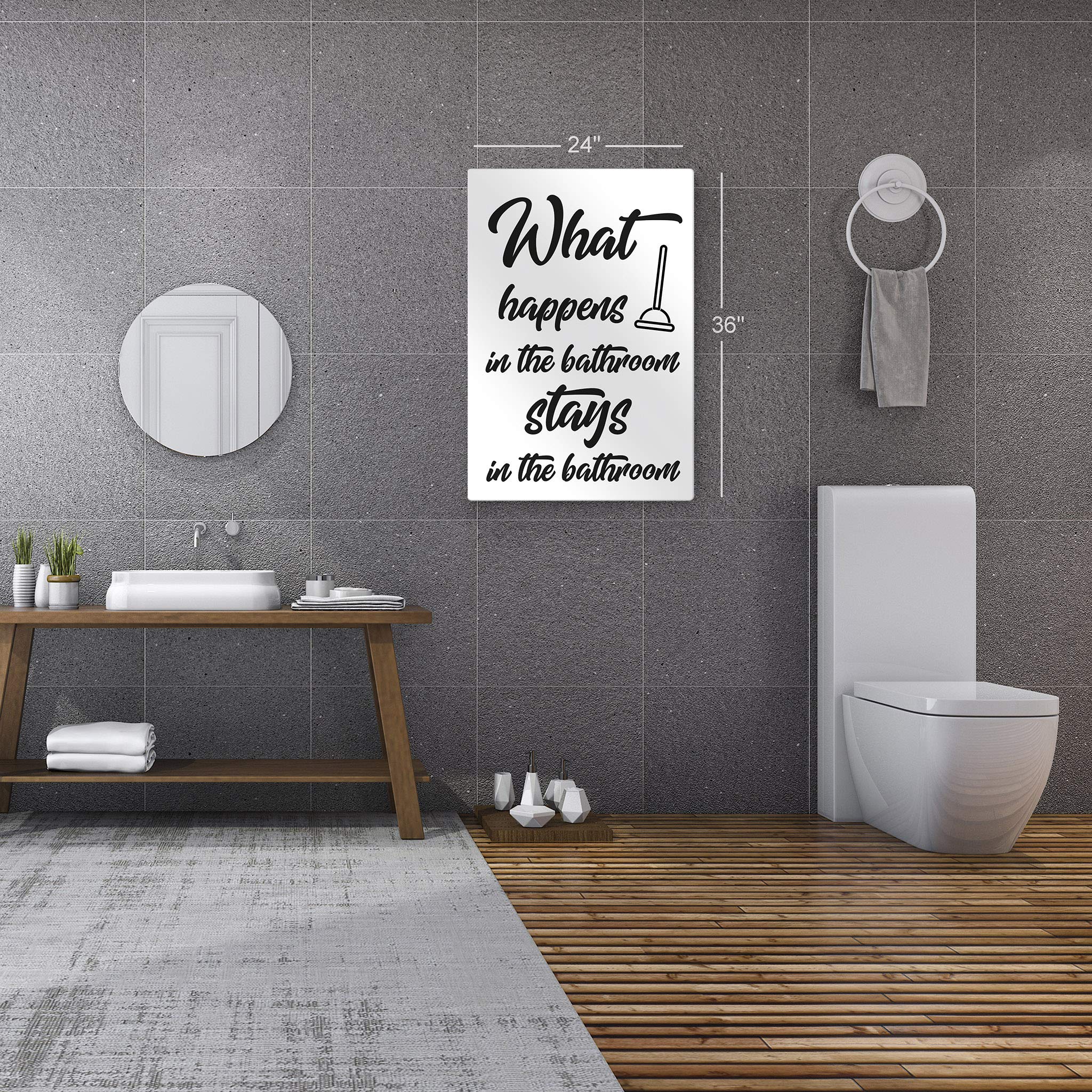 Smile Art Design Funny Bathroom Quote Metal Print - 'What Happens in The Bathroom Stays in The Bathroom' Wall Decor Sign | 30x20 Inches Ready to Hang | Made in USA | Perfect for Bathroom, Toilet, Powder Room & Home Decoration