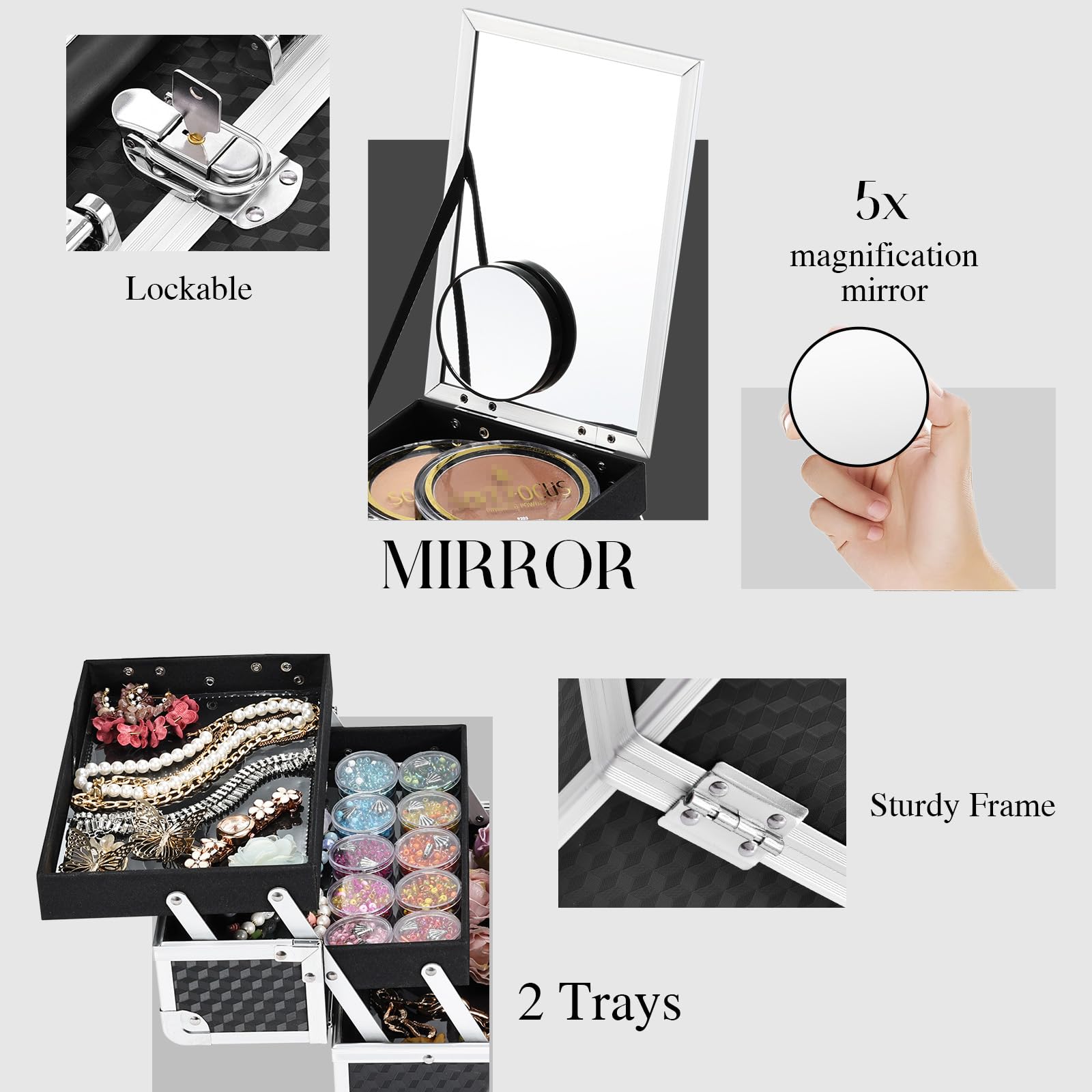 Joligrace Professional Makeup Train Case with 2 Trays & Key Lock - Portable Cosmetic & Jewelry Organizer with Mirror, Travel Storage Box (Modern Black) - Perfect for Travel, Salon, Home & Professional Makeup Artists