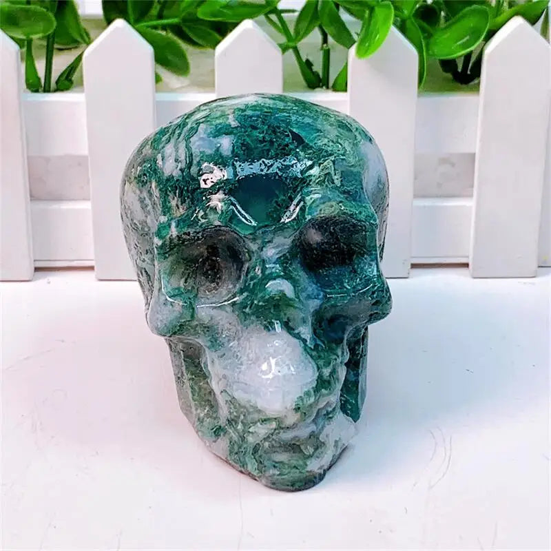 9CM Natural Moss Agate Skull Crystal Carving - Healing Energy Stone for Meditation, Halloween Gifts & Home Decor (1PC) | Perfect for Spiritual Healing, Yoga Spaces & Gothic Decorations
