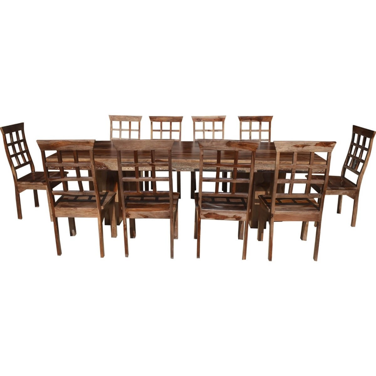 Rustic Solid Wood Double Pedestal Dining Table Set For 10 - Dallas Ranch Style Farmhouse Dining Room Furniture for Family Gatherings & Dinner Parties