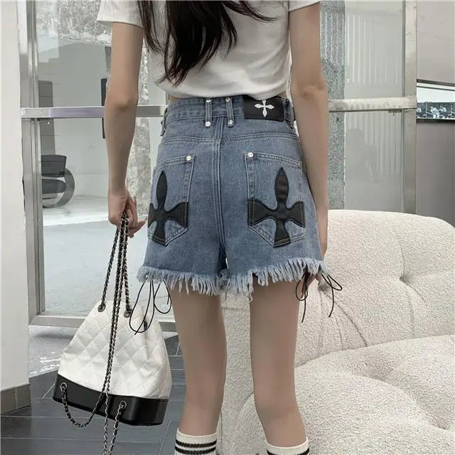 Women's High Waist Bandage Tassel Jean Shorts - Y2K Streetwear Fashion Wide Leg Pants for Summer | Perfect for Casual Outings, Music Festivals & Beach Vacations