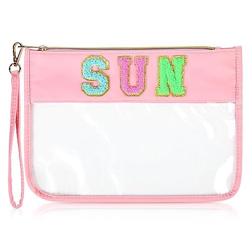 SOIDRAM SUN Bag Chenille Letter Makeup Bag - Clear Travel Zipper Nylon Cosmetic Pouch Organizer for Sunscreen & Toiletries | Waterproof Summer Travel Gifts for Women | Perfect for Beach Trips, Gym & Daily Essentials Storage