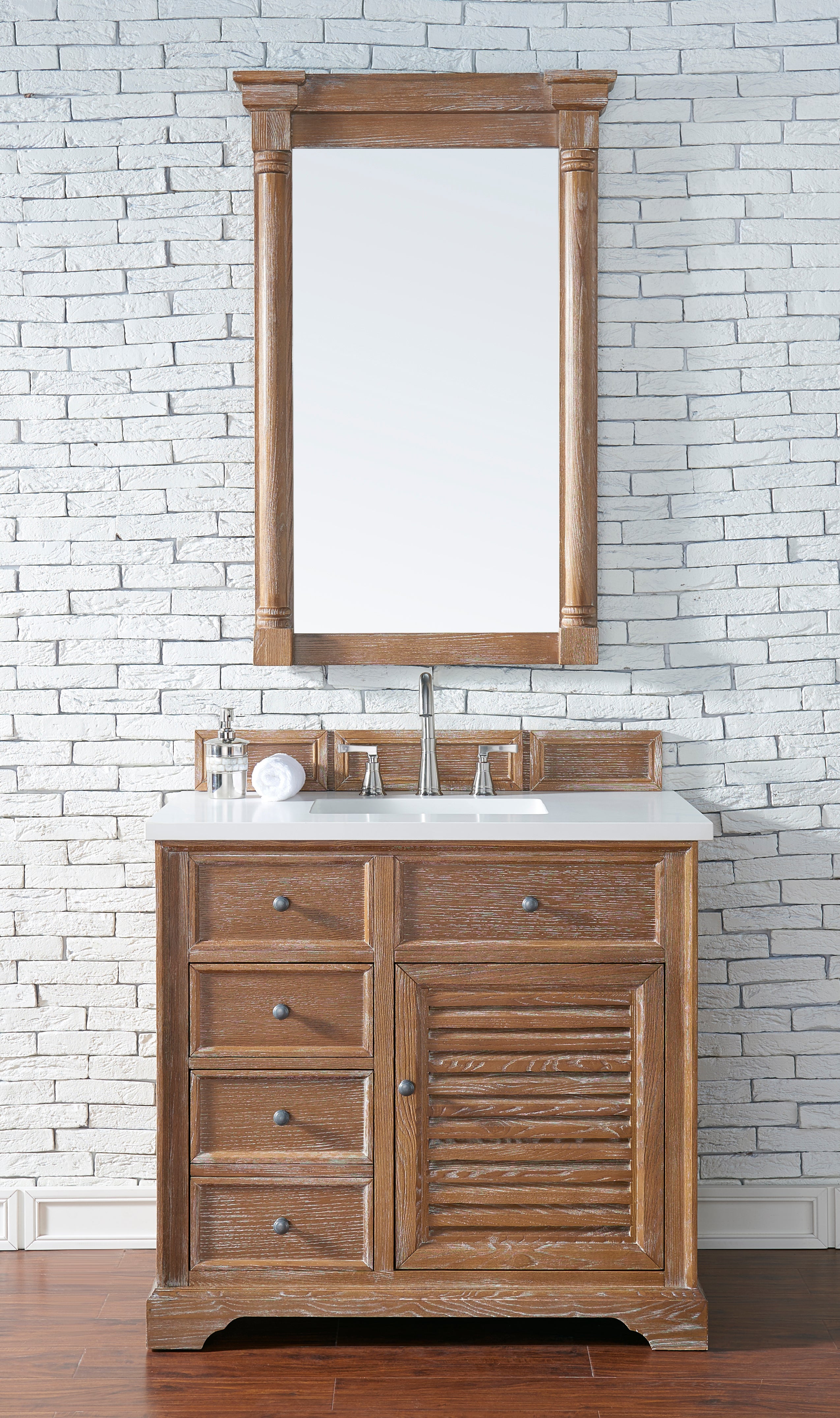 Savannah 36 Inch Single Bathroom Vanity Cabinet in Driftwood Finish with 3CM White Zeus Quartz Countertop - Perfect for Modern Master Bathrooms, Guest Baths & Small Space Remodels